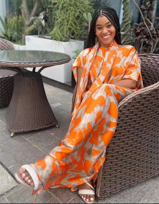 Elegant 100% Silk feeling Maxi Dress – Relaxed Kaftan Silhouette