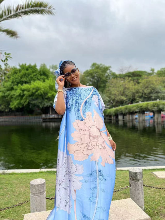 Elegant 100% Silk feeling Maxi Dress – Relaxed Kaftan Silhouette