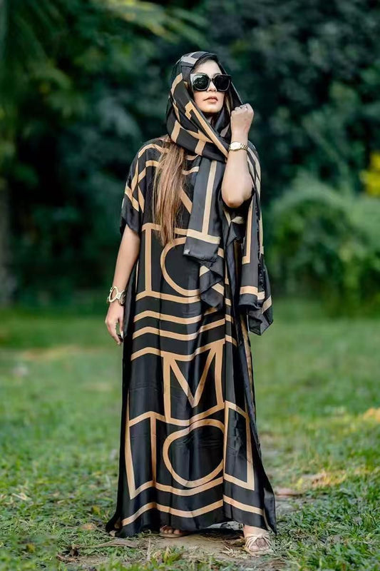 Elegant 100% Silk feeling Maxi Dress – Relaxed Kaftan Silhouette